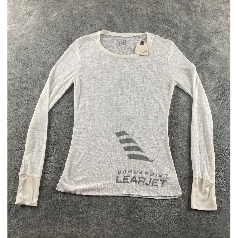 GFS Coed Bombardier Learjet Thermal Graphic Tee White Burnout Waffle Knit NWT M